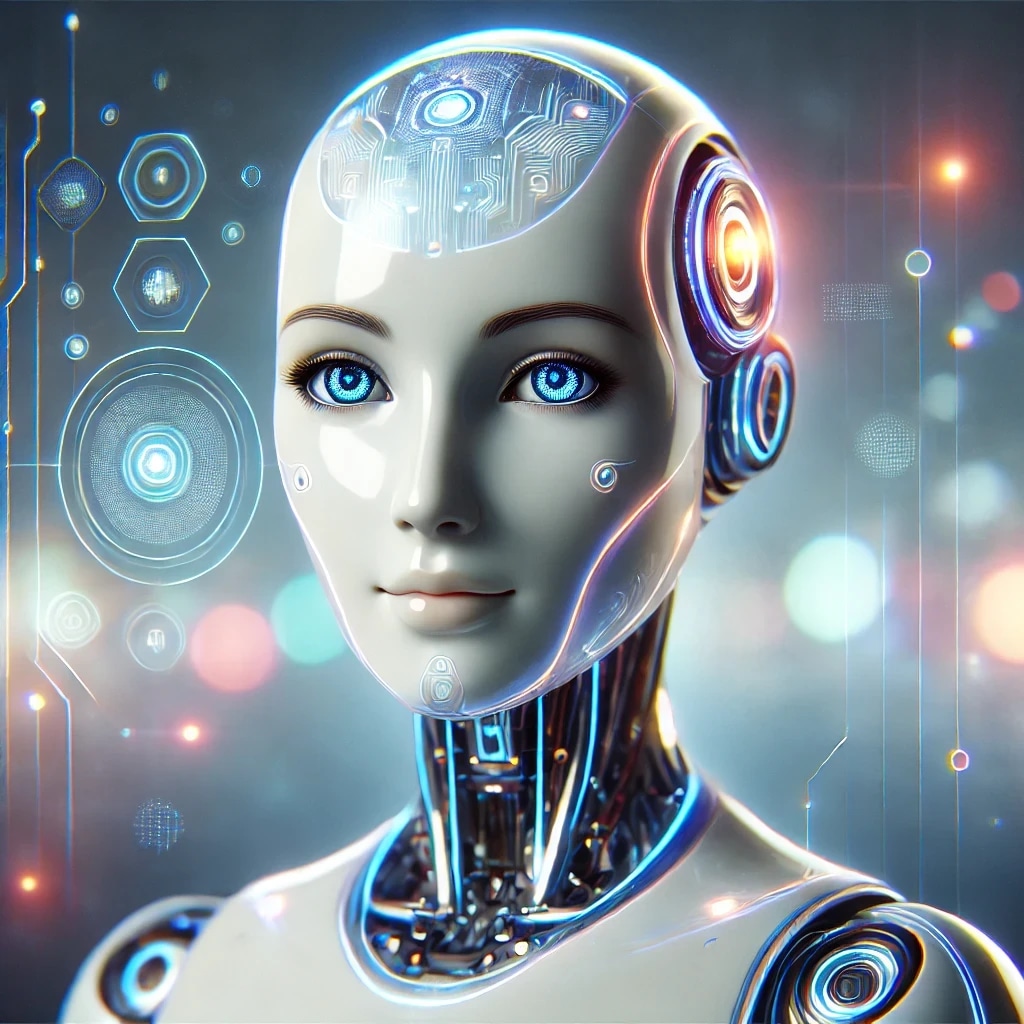 A humanoid robot with a human-like face, glowing blue eyes, and a sleek, futuristic design with visible circuitry and digital interfaces.