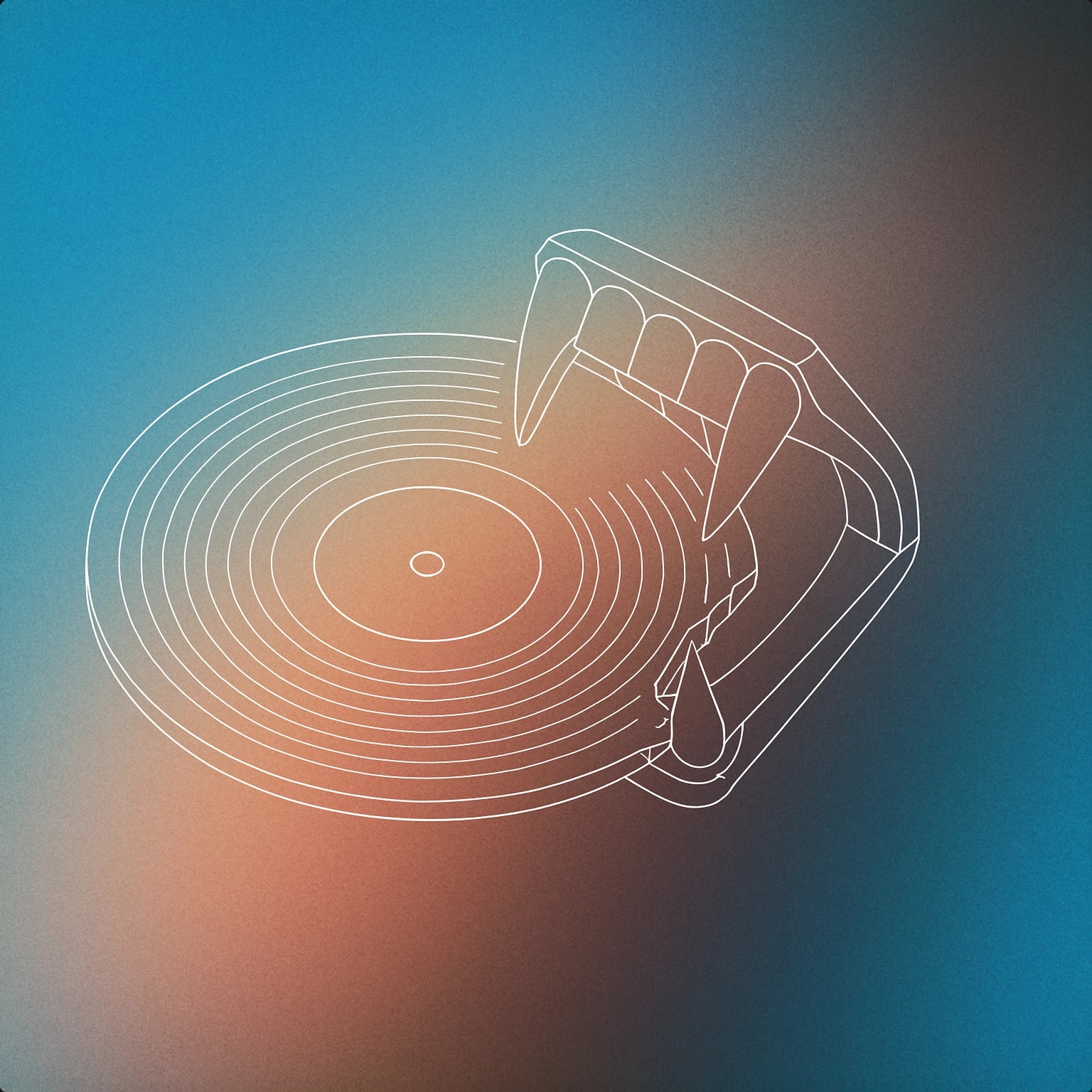 Cover of stylized phonograph record with a pair of prominent vampire fangs biting into its edge for Vampire sound effects