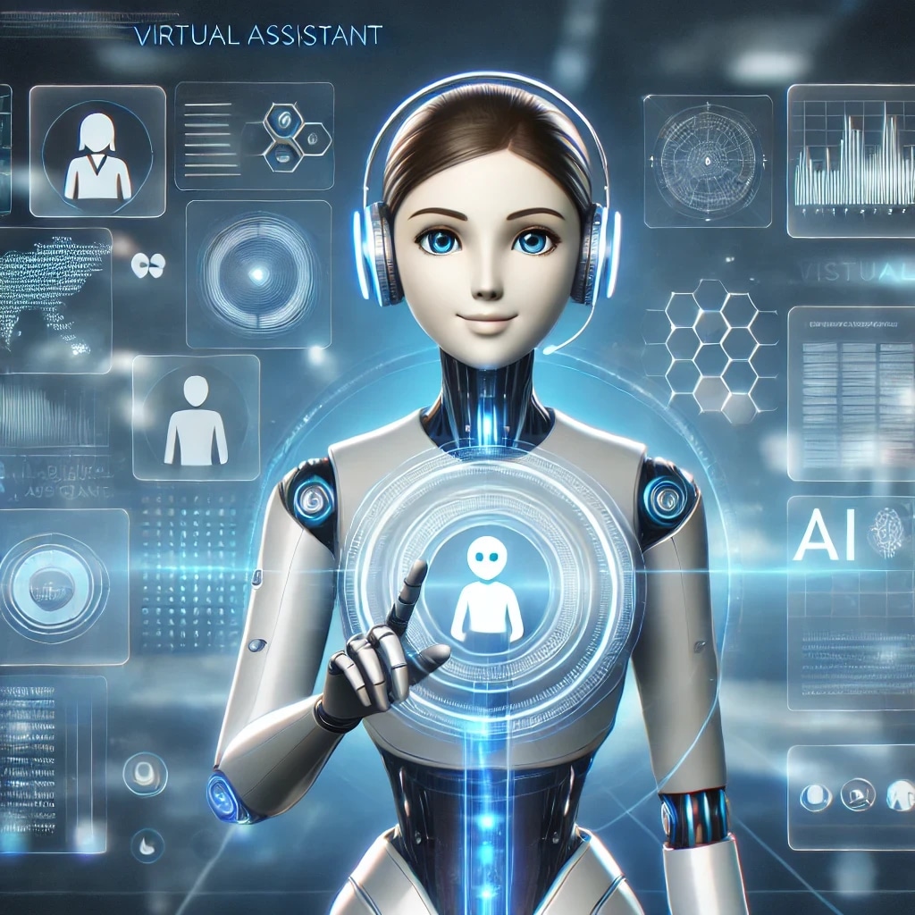 A female humanoid robot with blue eyes and a headset, interacting with a futuristic digital interface.