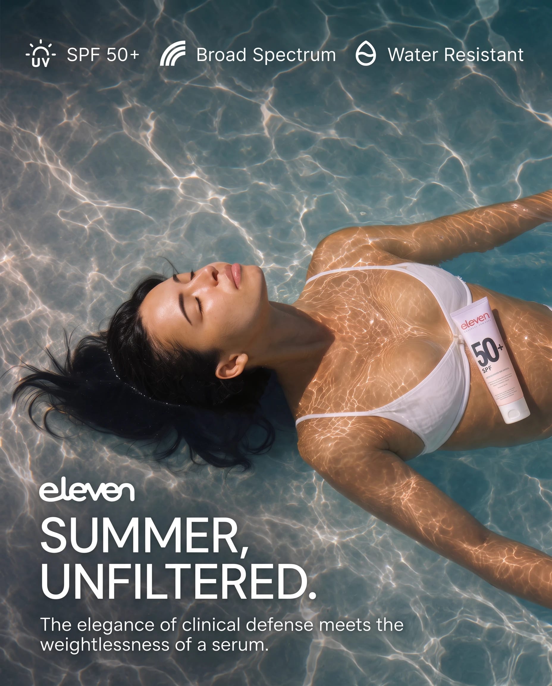 Eleven SPF 50+ sunscreen ad showing a woman in a pool; broad-spectrum and water-resistant.