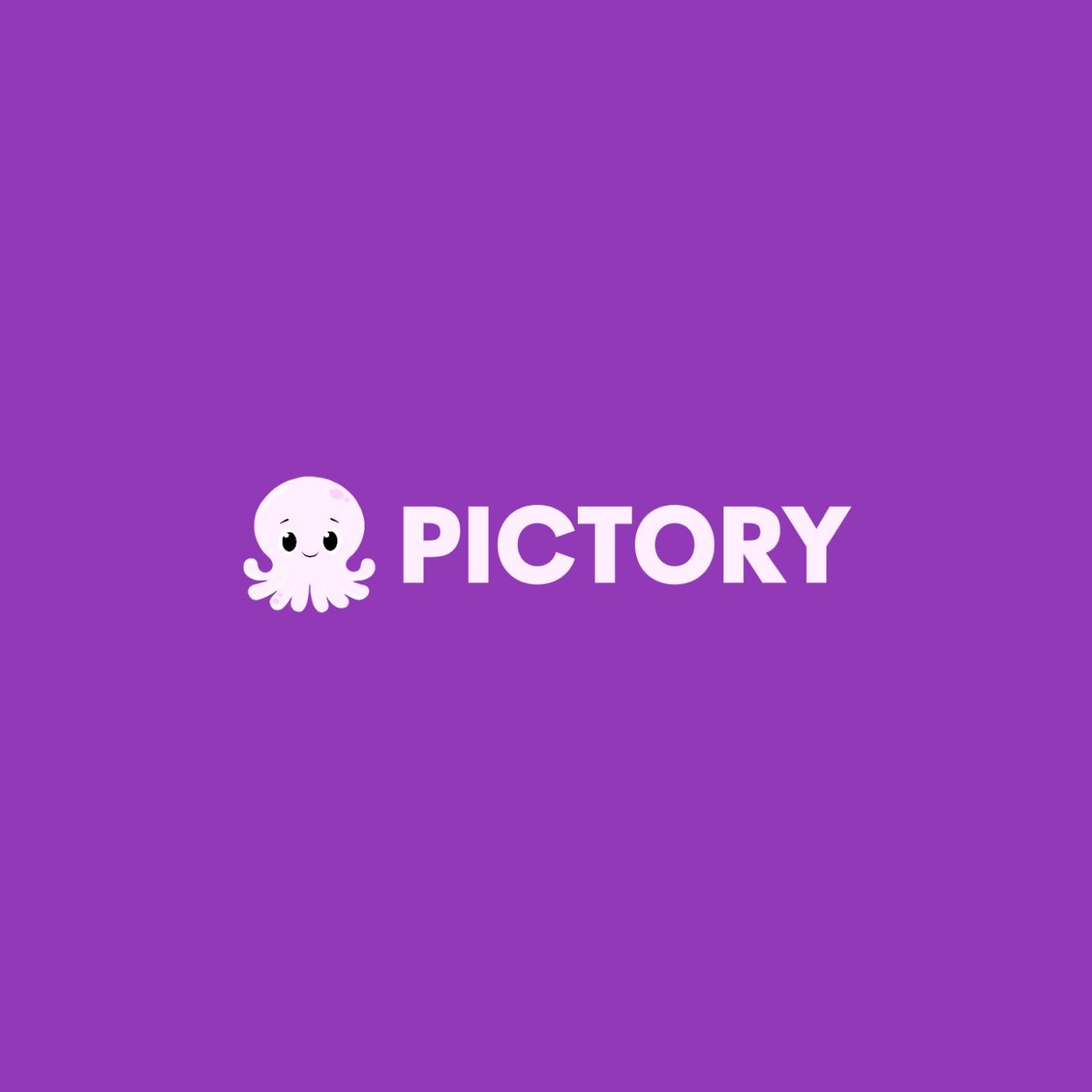 A cute purple octopus mascot next to the word "PICTORY" on a purple background.