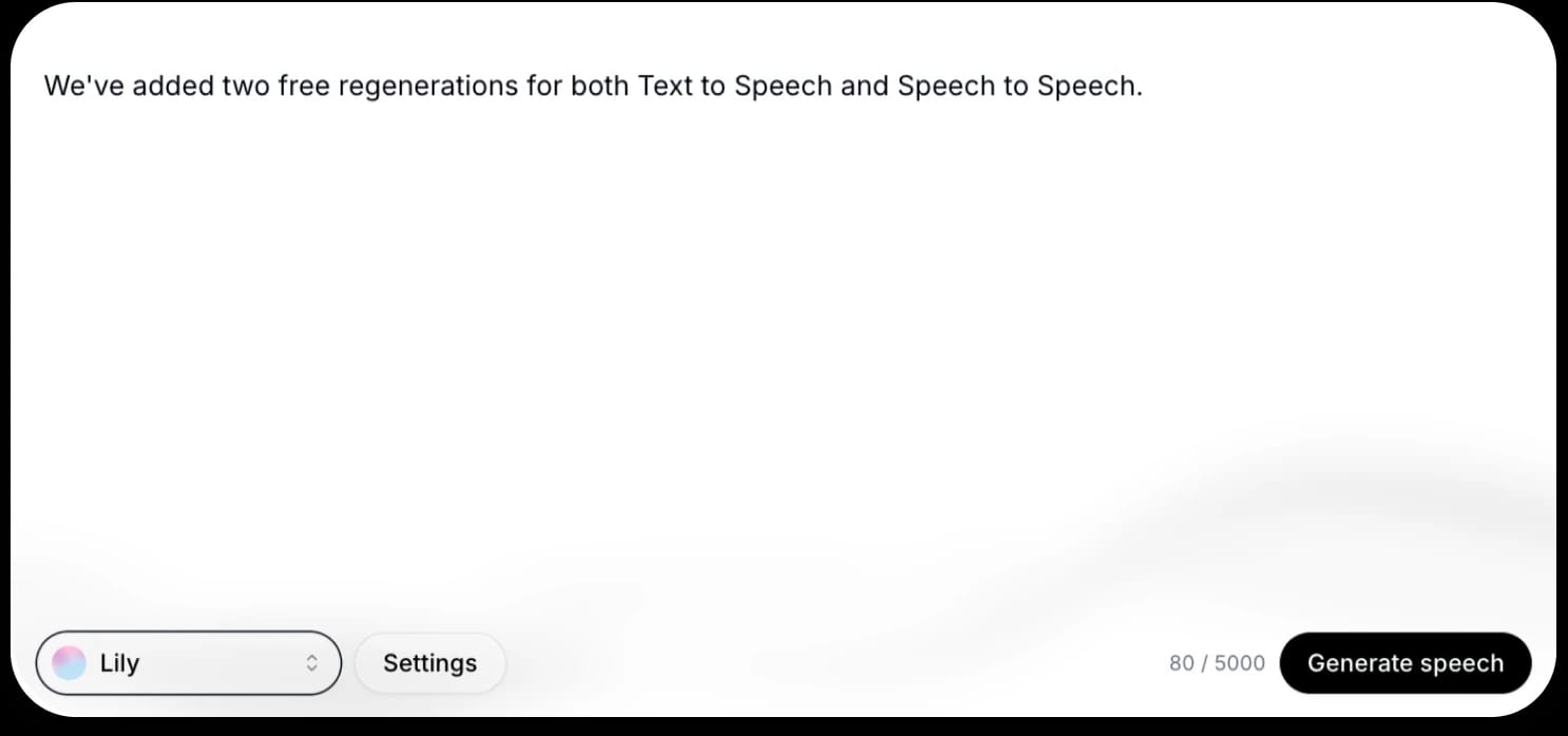 Text on screen indicating that two free regenerations have been added for Text to Speech and Speech to Speech.