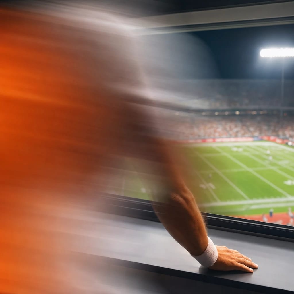 Stylized scene featuring a stadium press box overlooking a brightly lit sports field, rendered in deep green, gray