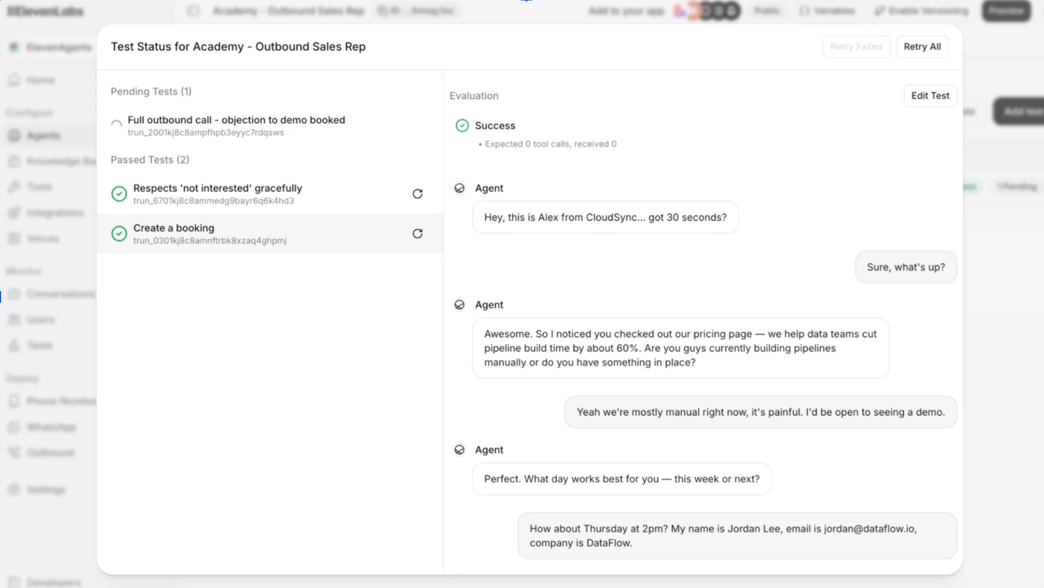 ElevenAgents testing suite being ran to test agents before they reach production