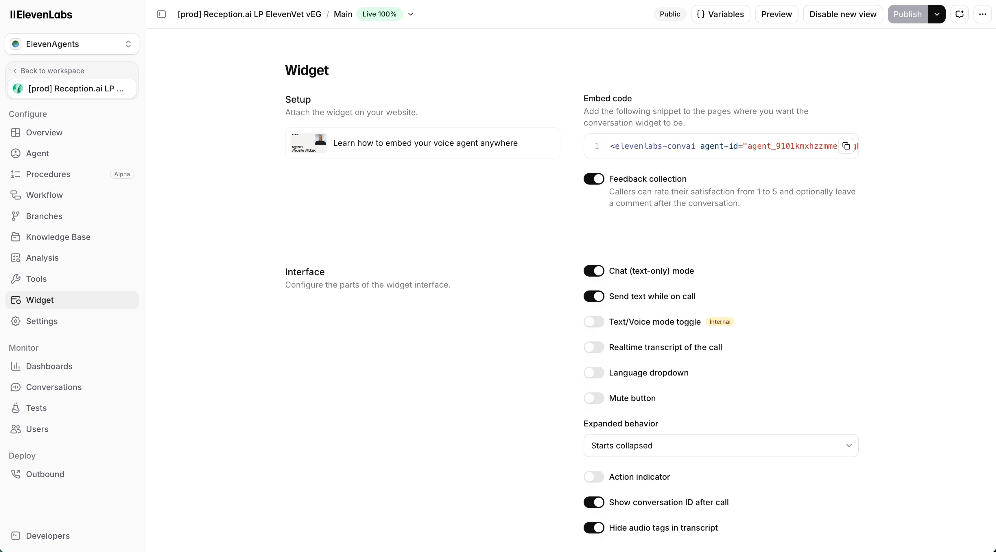 Widget configuration page in ElevenLabs showing embed code and interface settings.