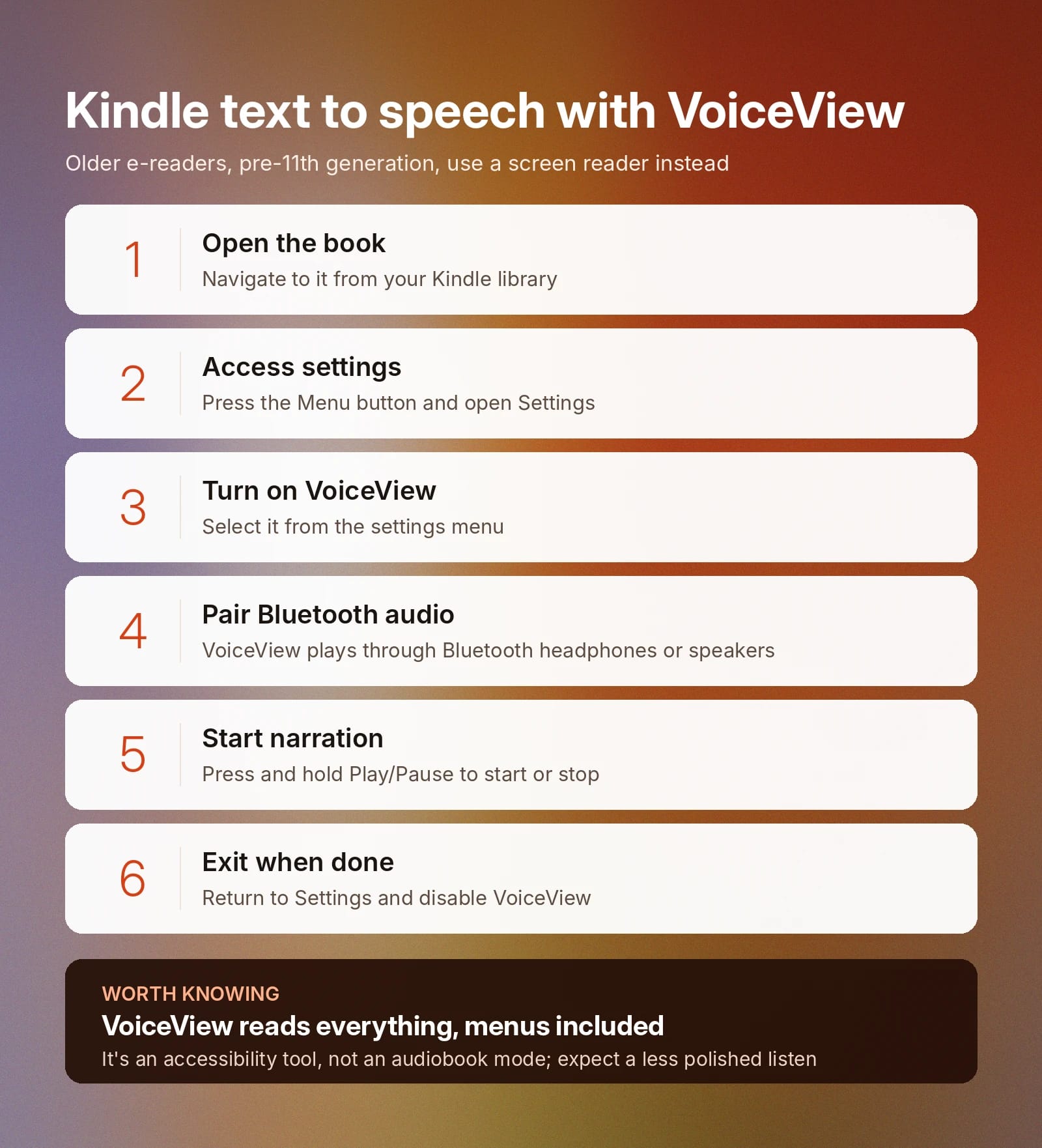 Kindle VoiceView setup steps: enable it, pair Bluetooth audio, and start narration.