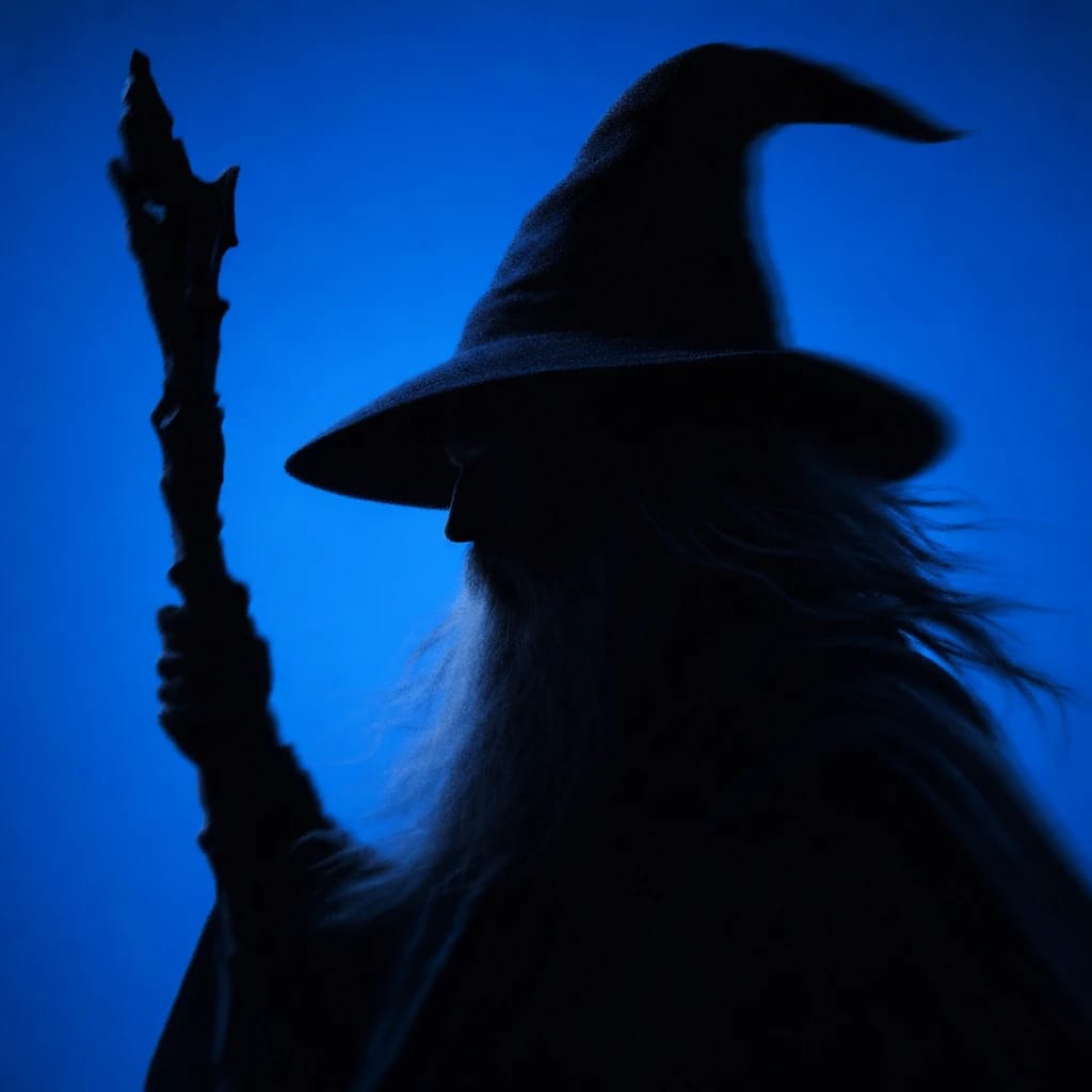Stylized scene featuring elderly wizard with a long staff and flowing robes, rendered in #004CB6