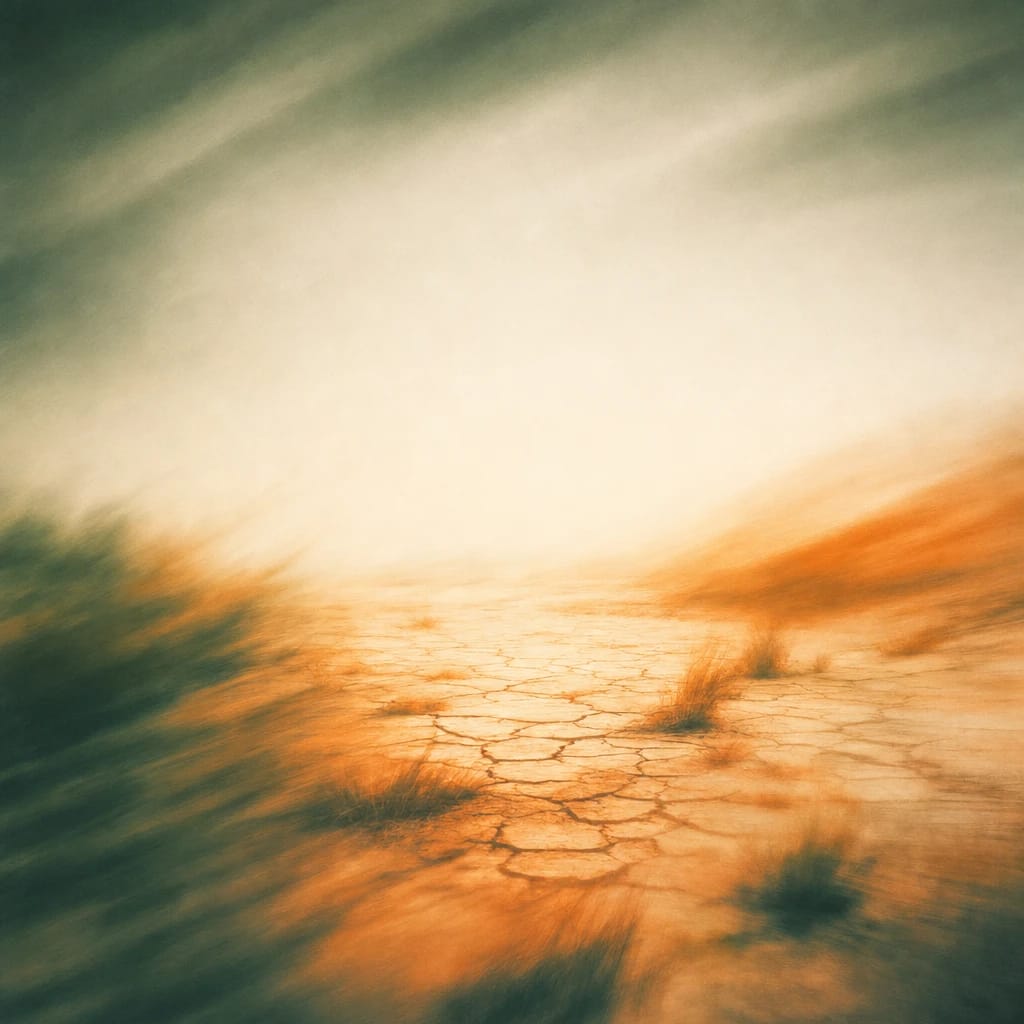 Stylized scene featuring cracked sun-baked earth with sparse dry grass tufts under a pale, cloudless sky, rendered in deep forest green, off-white, and warm orange