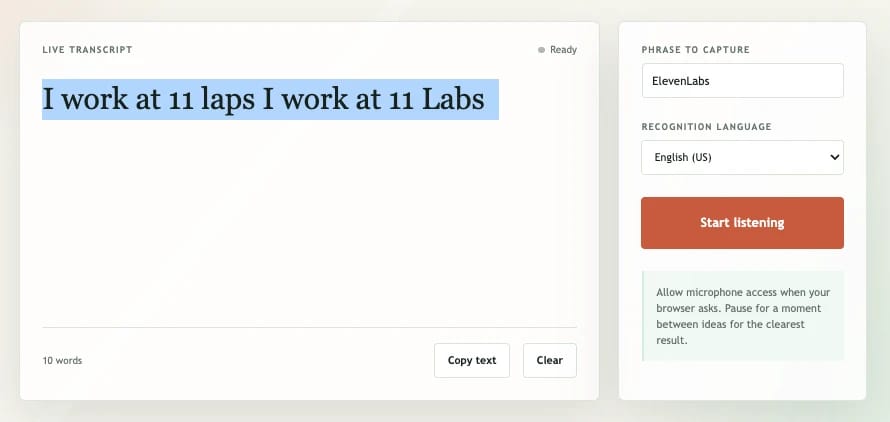 Limitations of JavaScript speech recognition when using Web Speech API. Speech-to-text interface showing a transcript and controls to listen for “ElevenLabs.”