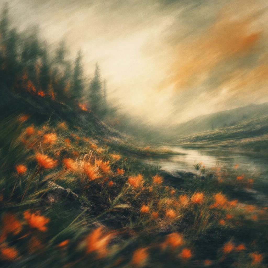 Stylized scene featuring fiery wildflowers blooming across charred forest floor beneath rising smoke, rendered in deep forest green, off-white, and warm orange
