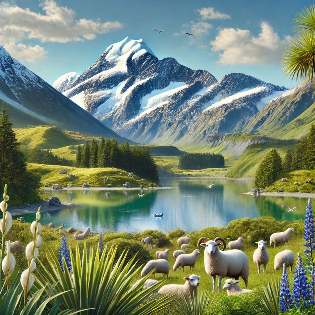 A scenic landscape of snow-capped mountains, a lake, green hills, and a flock of sheep grazing in the foreground.