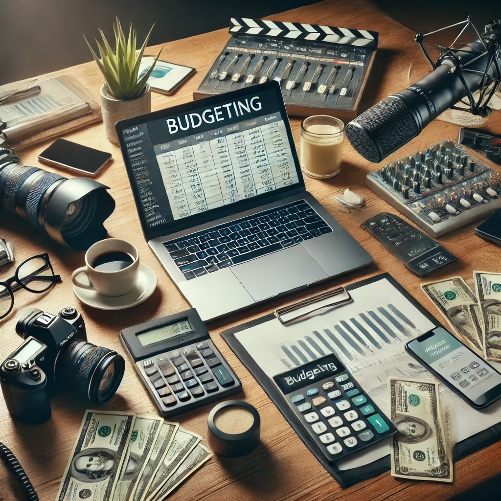 A cluttered desk with a laptop displaying a budgeting spreadsheet, cameras, a microphone, calculators, cash, a coffee cup, a plant, and various office supplies.