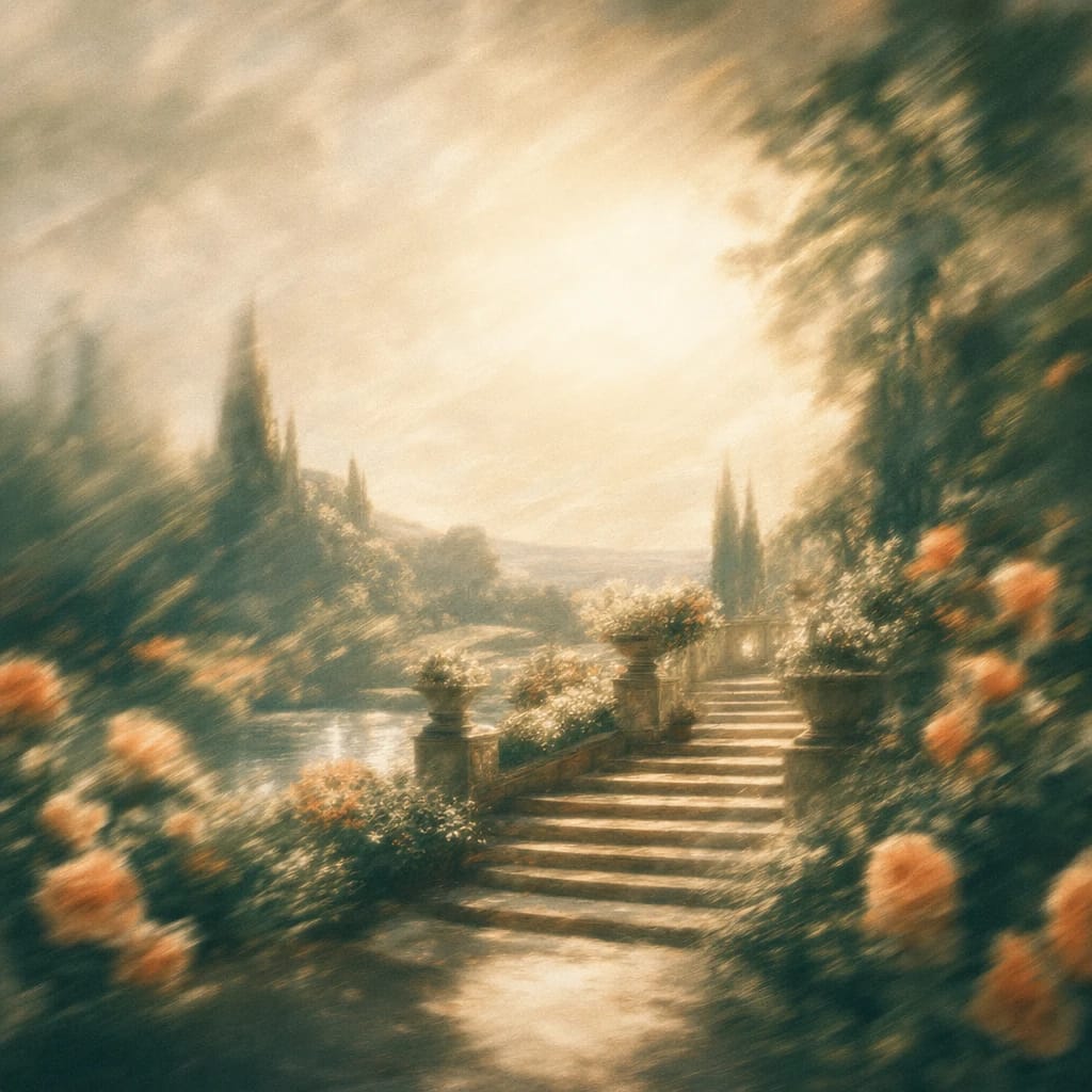 Stylized scene featuring a sun-dappled formal garden with grand stone steps, blooming roses, and gently winding greenery, rendered in deep forest green, off-white, and warm orange