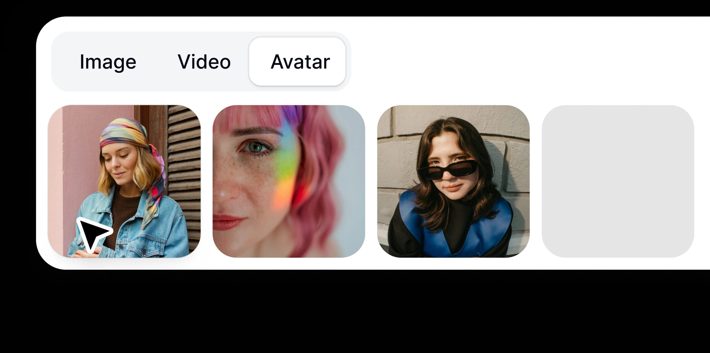 Profile image selection interface showing three photos and an avatar option.