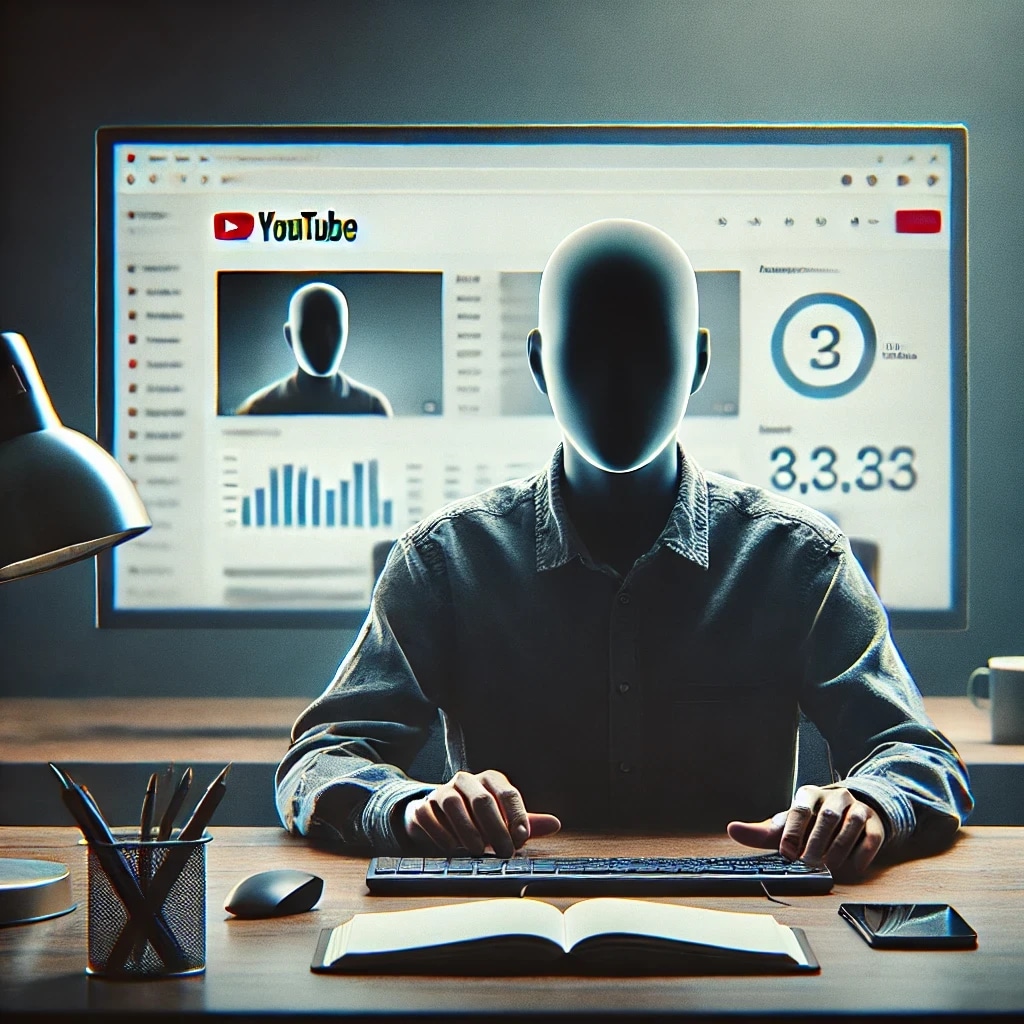A faceless person sitting at a desk with a computer, in front of a large screen displaying YouTube analytics.