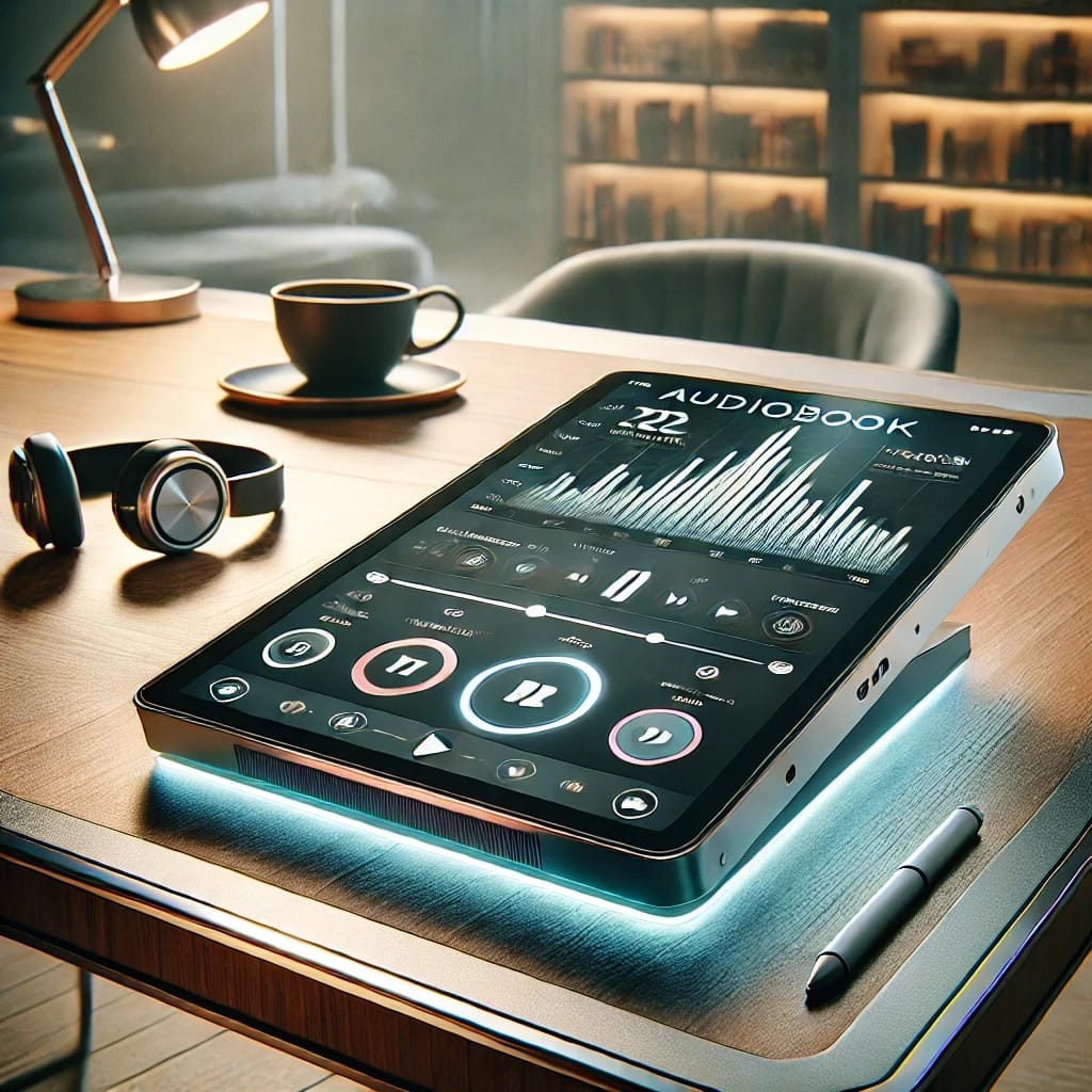 A tablet displaying a music player app with audio visualizations, placed on a desk with headphones, a cup, and a pen.