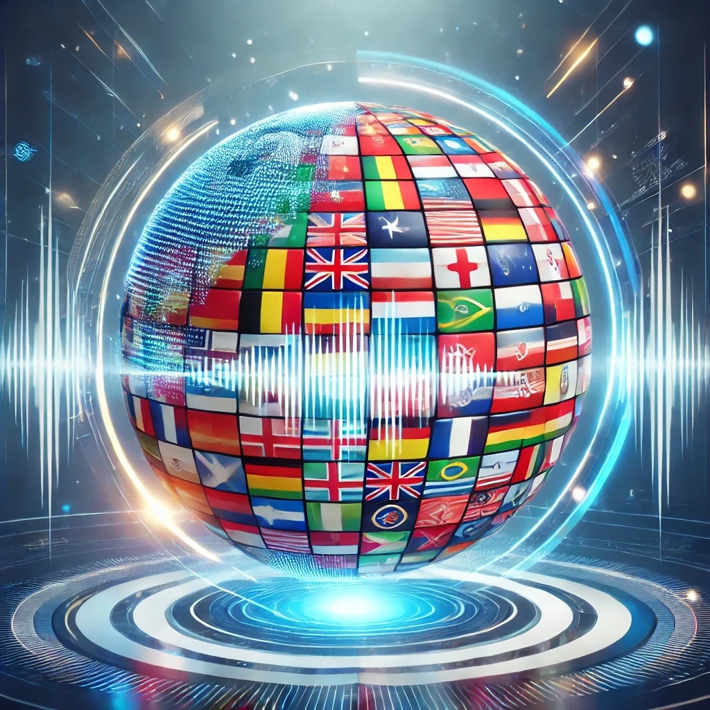 A digital globe composed of various national flags, surrounded by futuristic light effects and holographic elements.