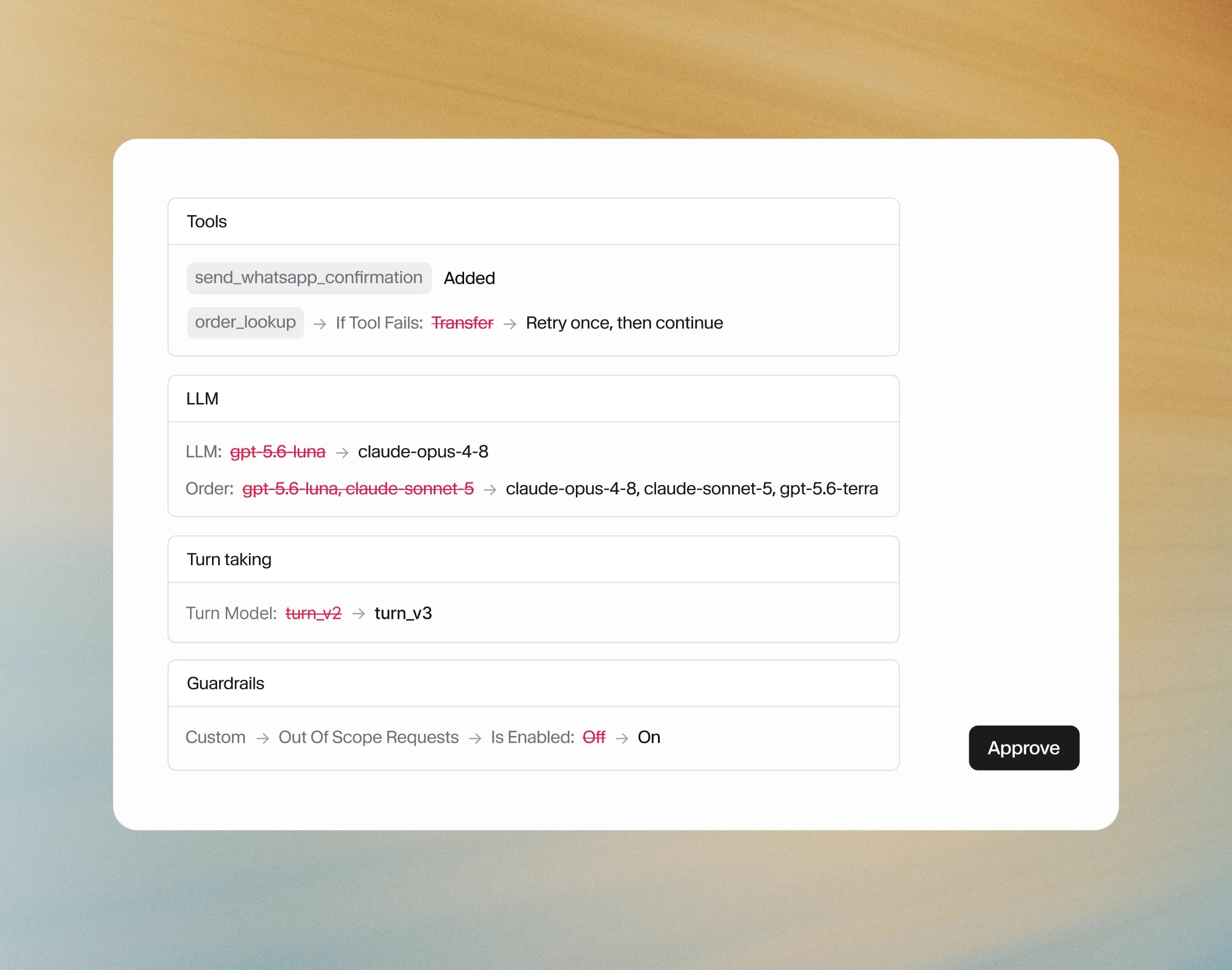 Configuration review showing updated tools, models, turn-taking, and guardrail settings.