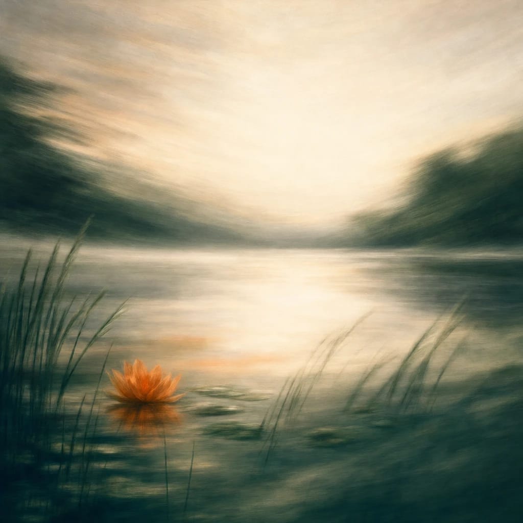 Stylized scene featuring a tranquil lake at dawn with glassy water reflecting an off-white sky, sparse reeds and a single orange water lily in the foreground, rendered in deep forest green, off-white, and warm orange