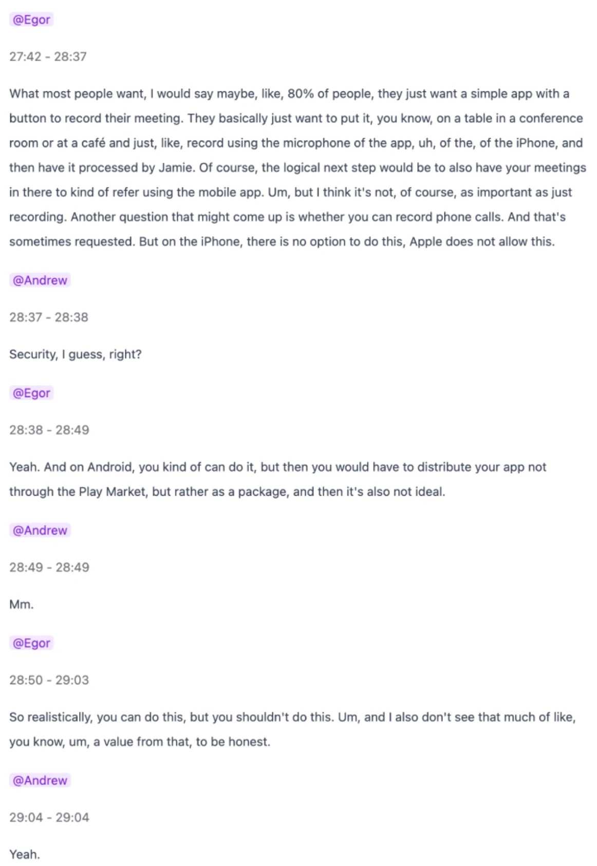 An example of a meeting transcript in Jamie, powered by Scribe