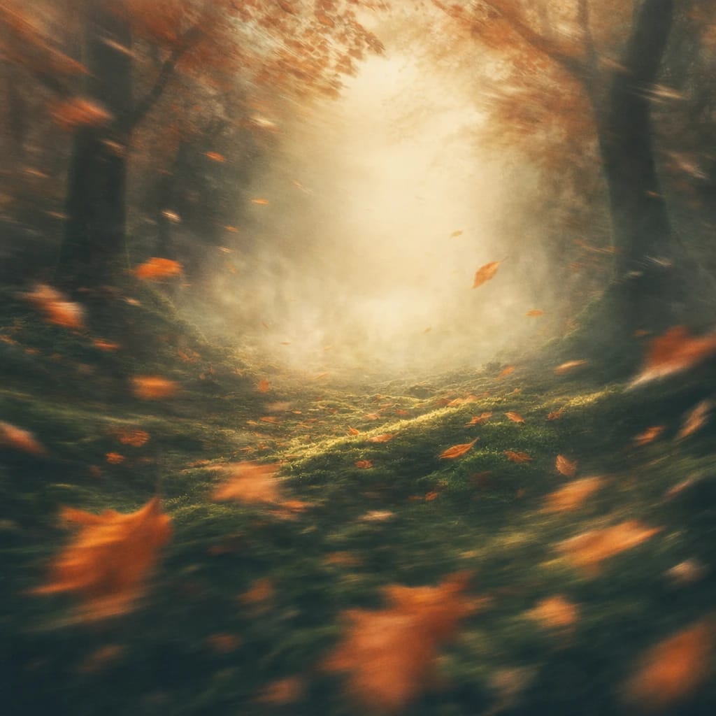 Stylized scene featuring an autumn forest glade with fallen orange leaves swirling gently around a sunlit patch of moss, morning mist rising, rendered in deep forest green, off-white, and warm orange