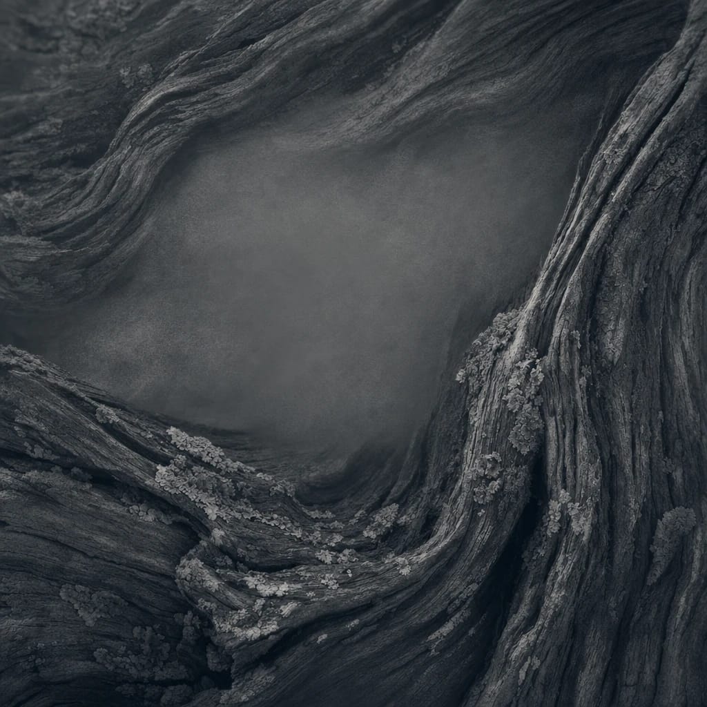 Stylized scene featuring weathered tree bark with deep grooves and lichen, rendered in charcoal gray #41454A