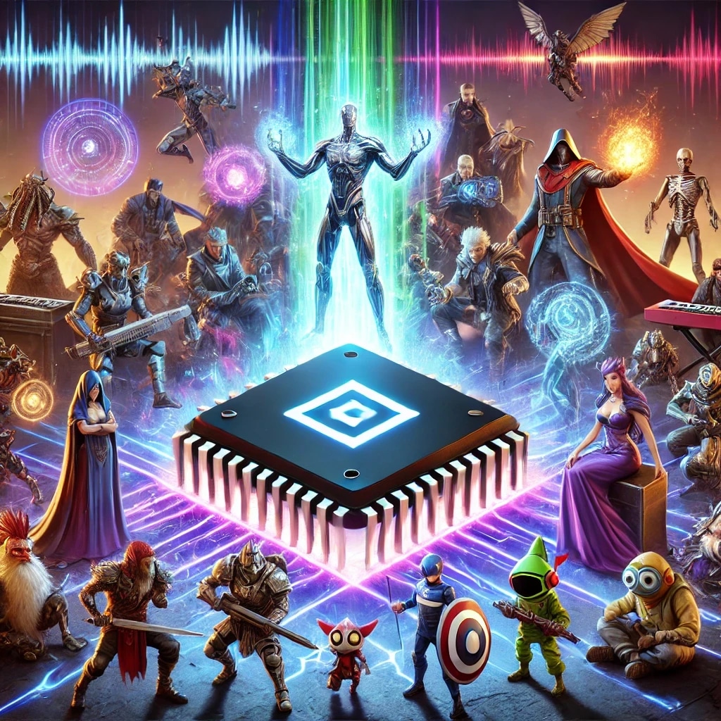 A group of diverse fantasy and sci-fi characters surrounding a glowing microchip with colorful energy beams and sound waves in the background.
