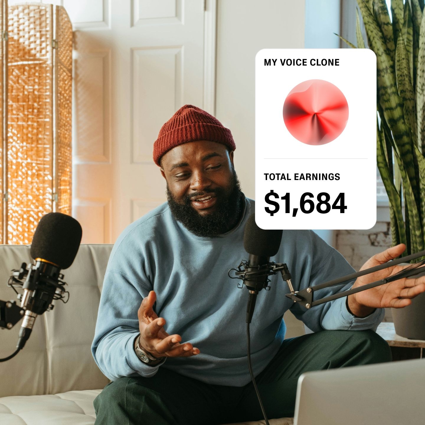 Man speaking into a microphone with a digital overlay showing "My Voice Clone" and earnings of $1,684.