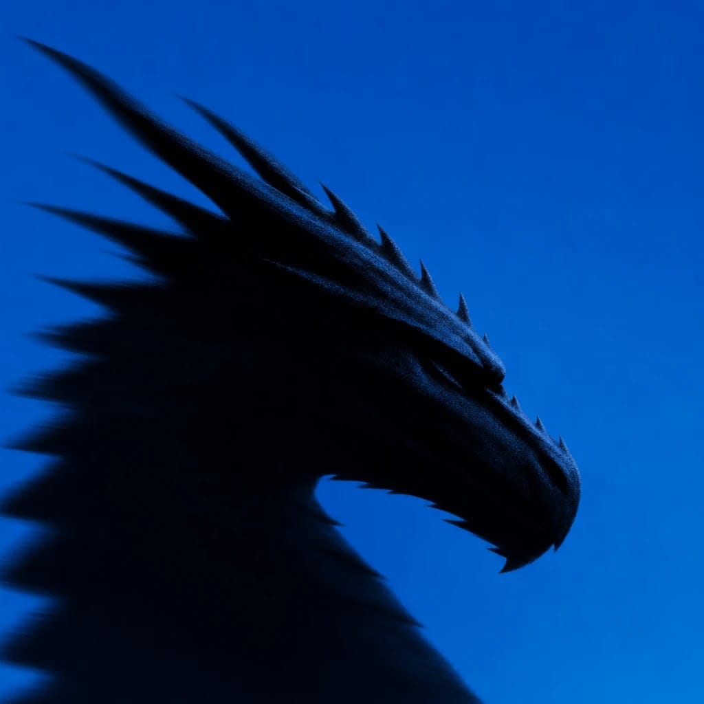 Stylized scene featuring majestic dragon head in profile, controlled blur, rendered in #004CB6