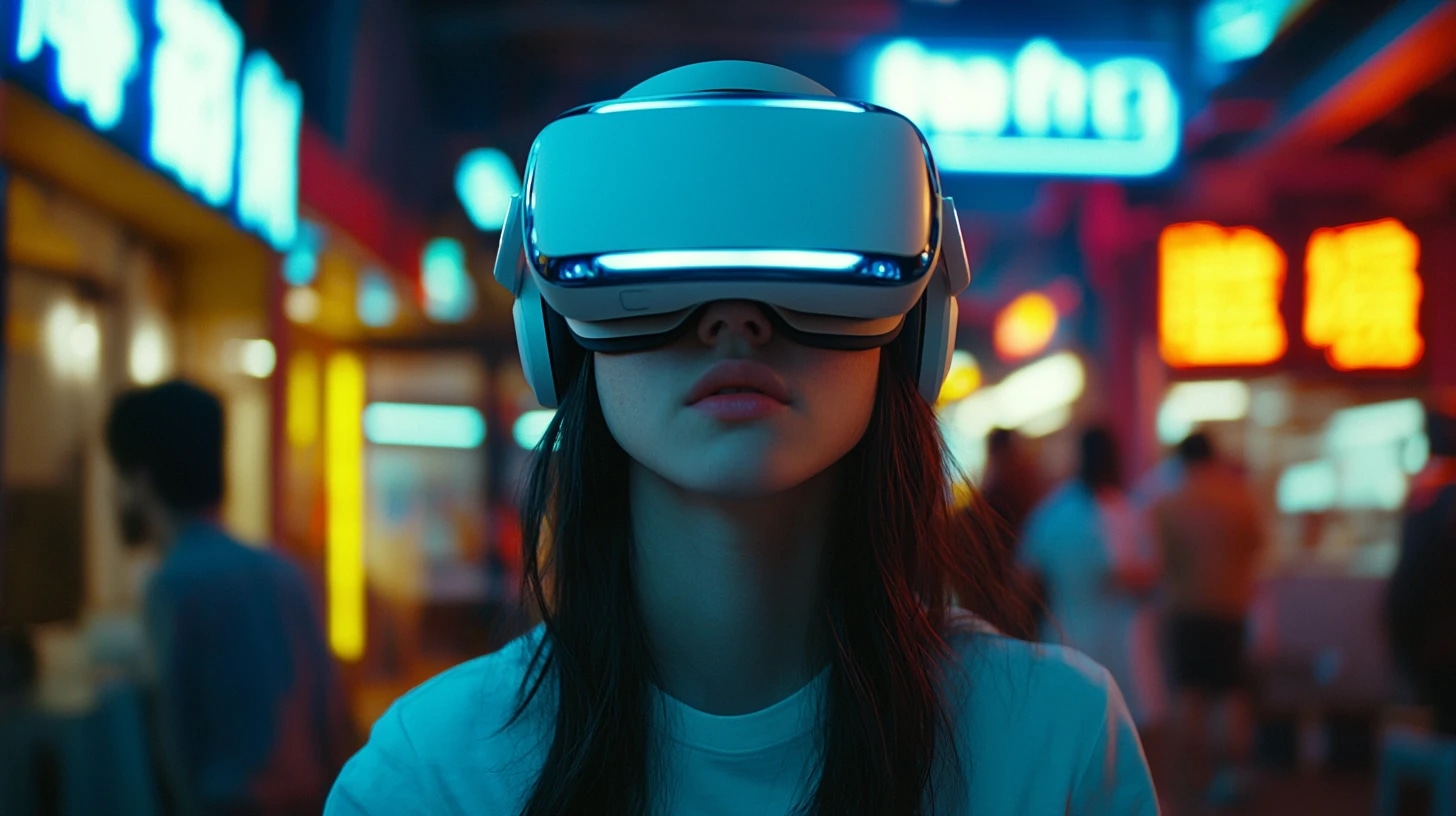 A woman wearing a virtual reality headset in a neon-lit urban setting.