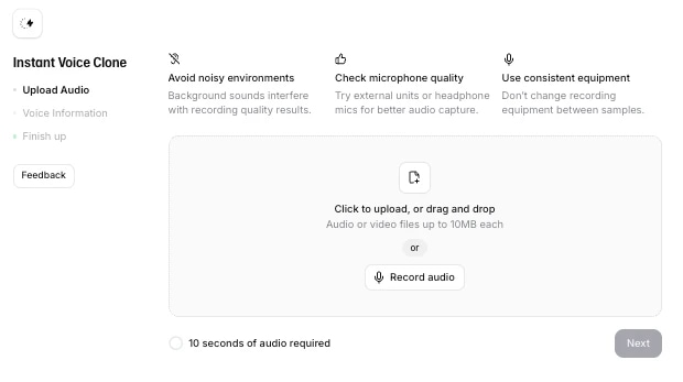 Instant Voice Clone upload screen with options to upload or record 10 seconds of audio.