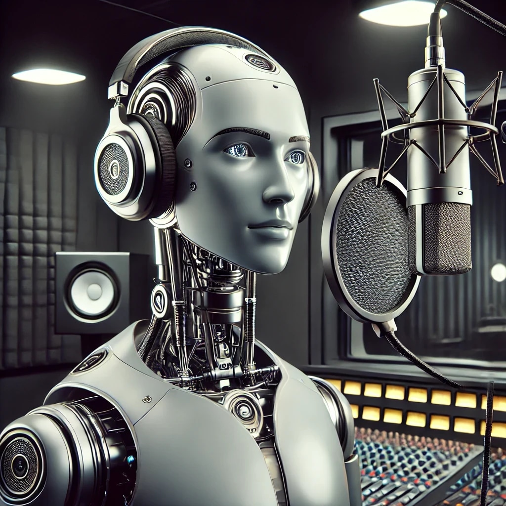 A humanoid robot with a metallic face and exposed mechanical components, speaking into a professional microphone in a recording studio.