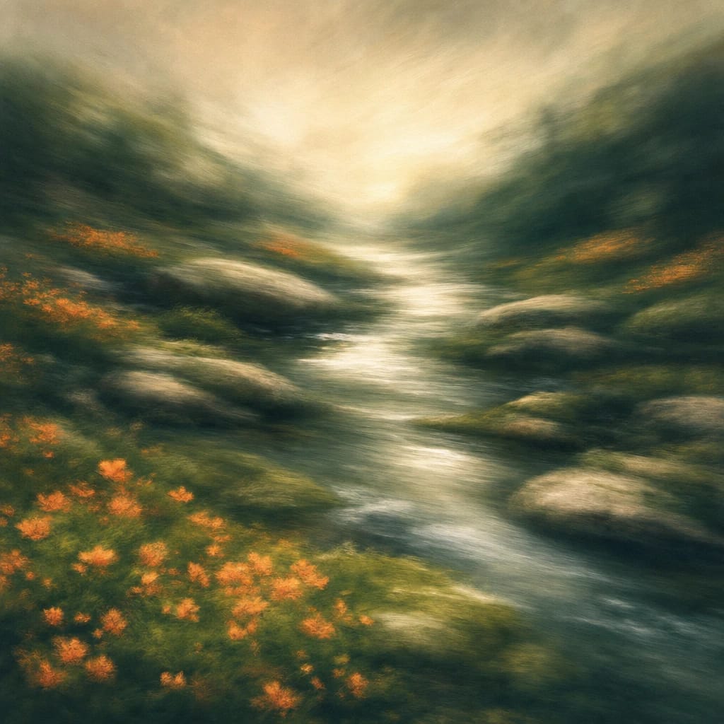 Stylized scene featuring rippling forest stream with gently overlapping stone outcrops, bordered by patches of lush moss and low orange wildflowers, rendered in deep forest green, off-white, and warm orange
