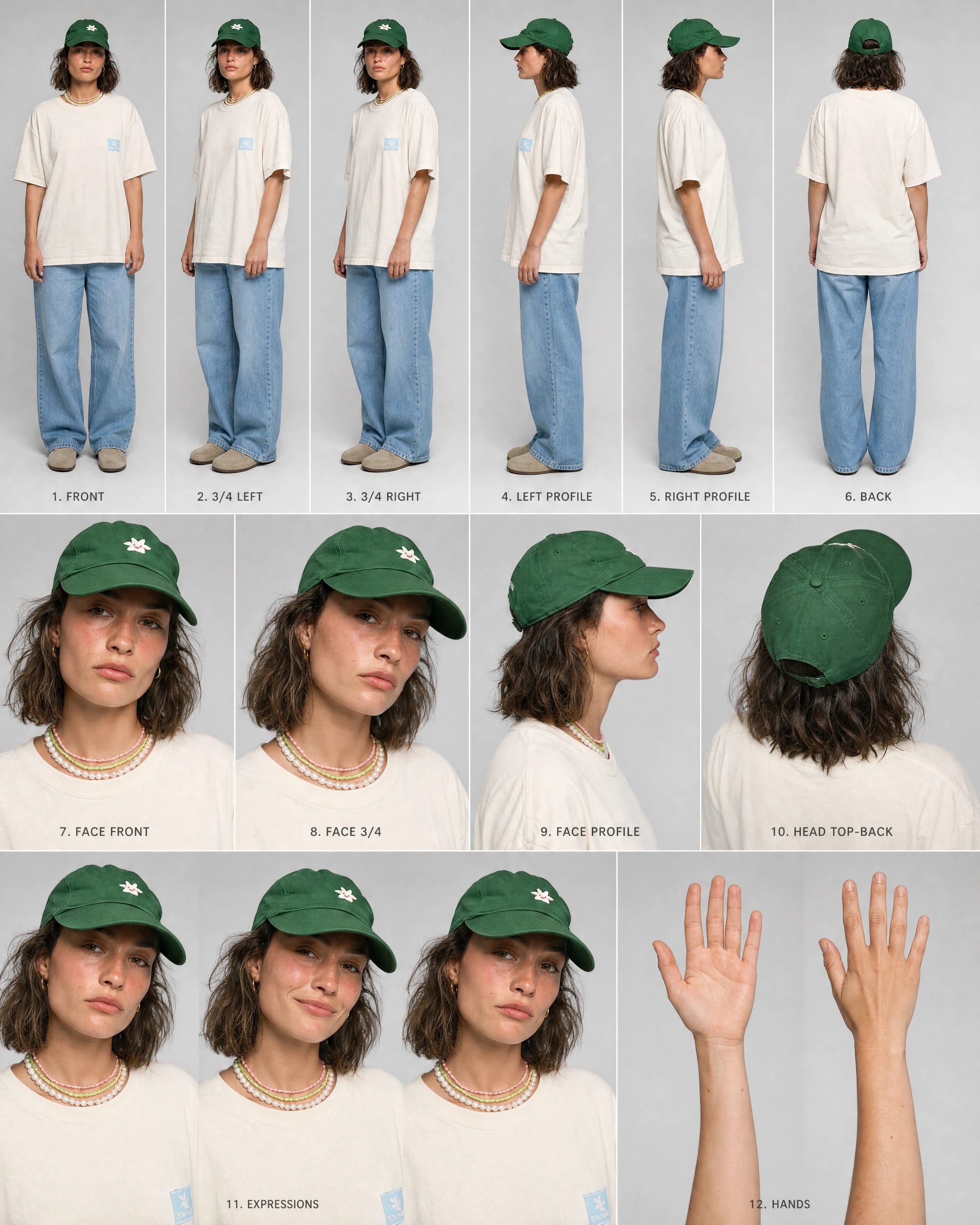 Model showing a green embroidered cap, oversized cream T-shirt, and light jeans from multiple views.
