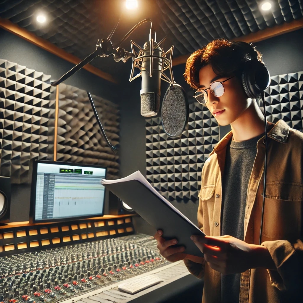A person in a recording studio reading a script or lyrics while wearing headphones.