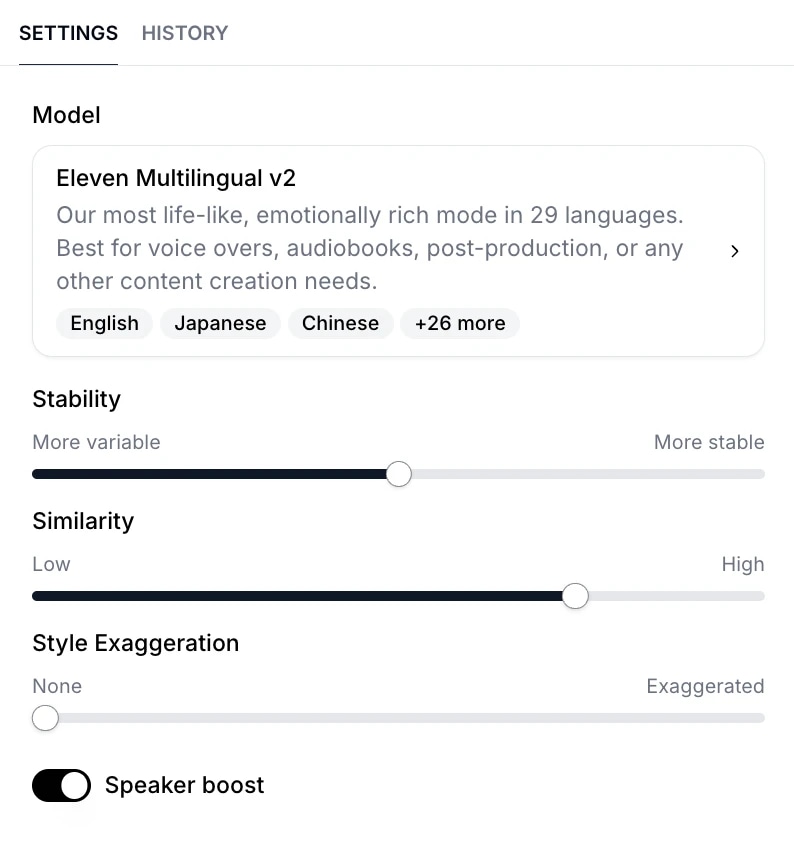 Settings screen showing language options, stability, similarity, style exaggeration, and speaker boost toggle.