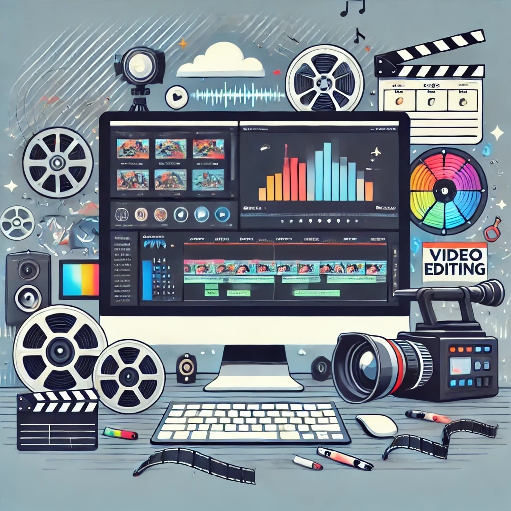 A computer monitor displaying video editing software surrounded by film reels, a camera, clapperboard, color wheel, and editing tools.