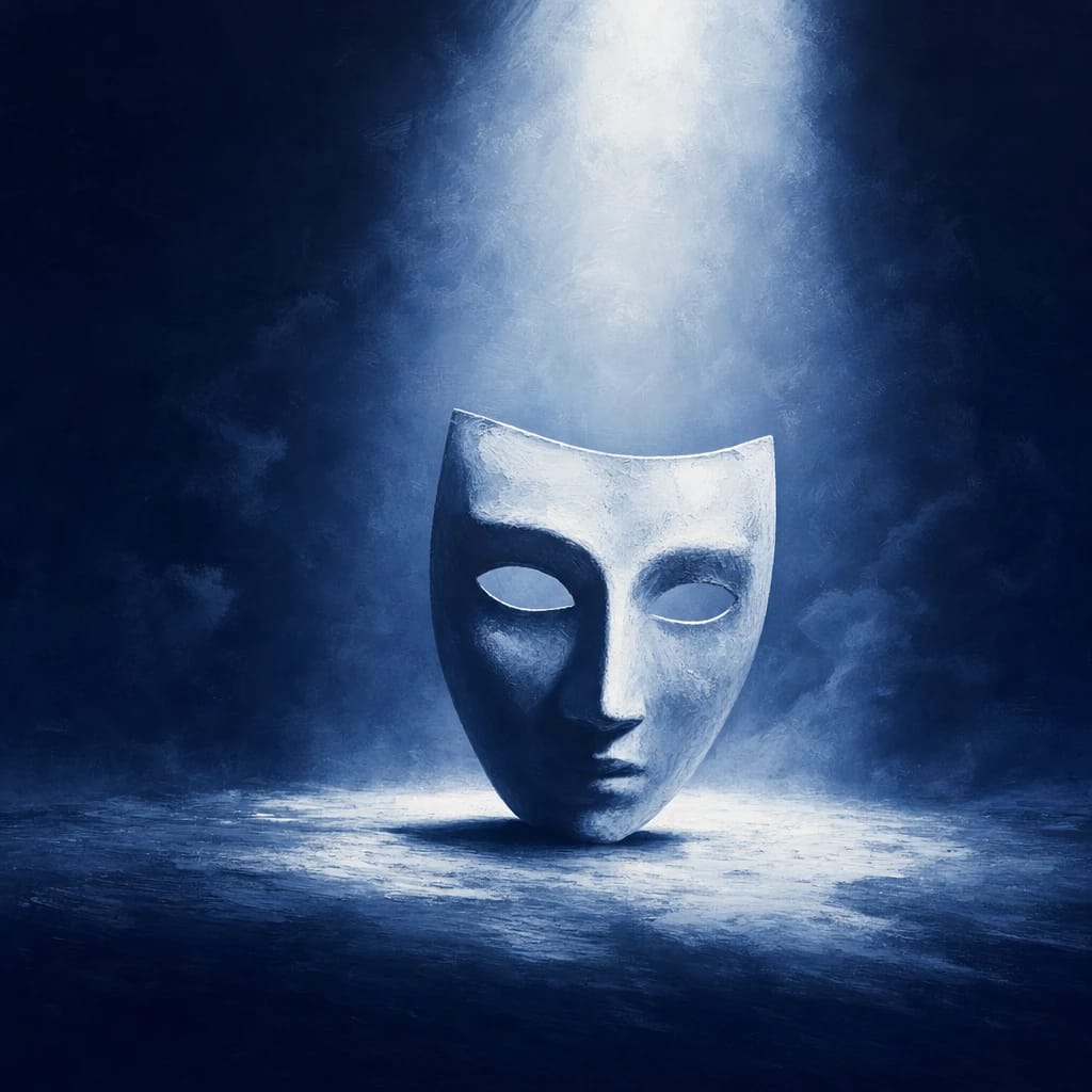 Stylized scene featuring spotlit theater mask on dark stage, rendered in #DFE8F3 and #020A2F