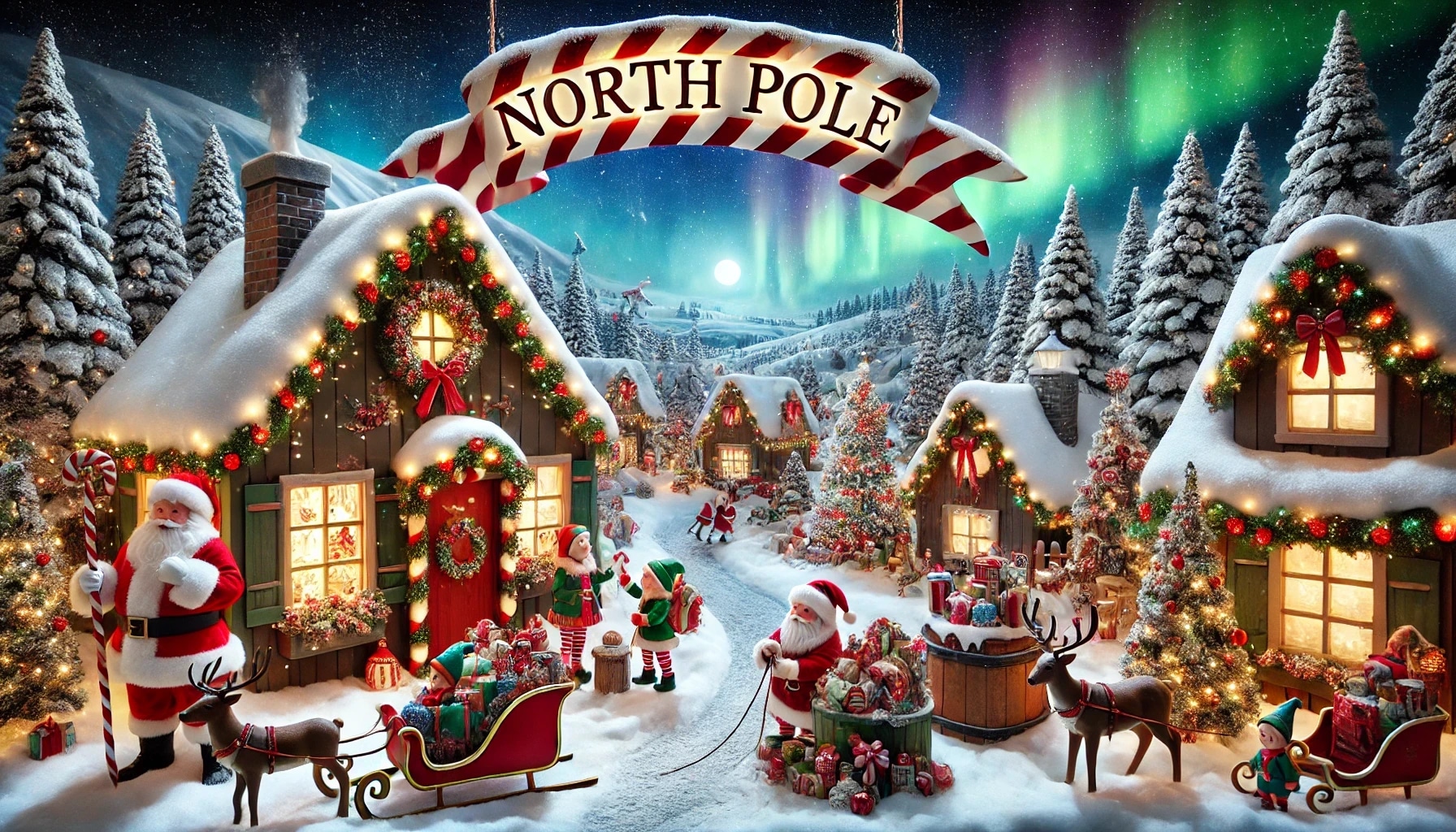 A festive Christmas village scene at the North Pole with snow-covered houses, Christmas trees, Santa Claus, elves, reindeer, and holiday decorations under a starry sky with the Northern Lights.