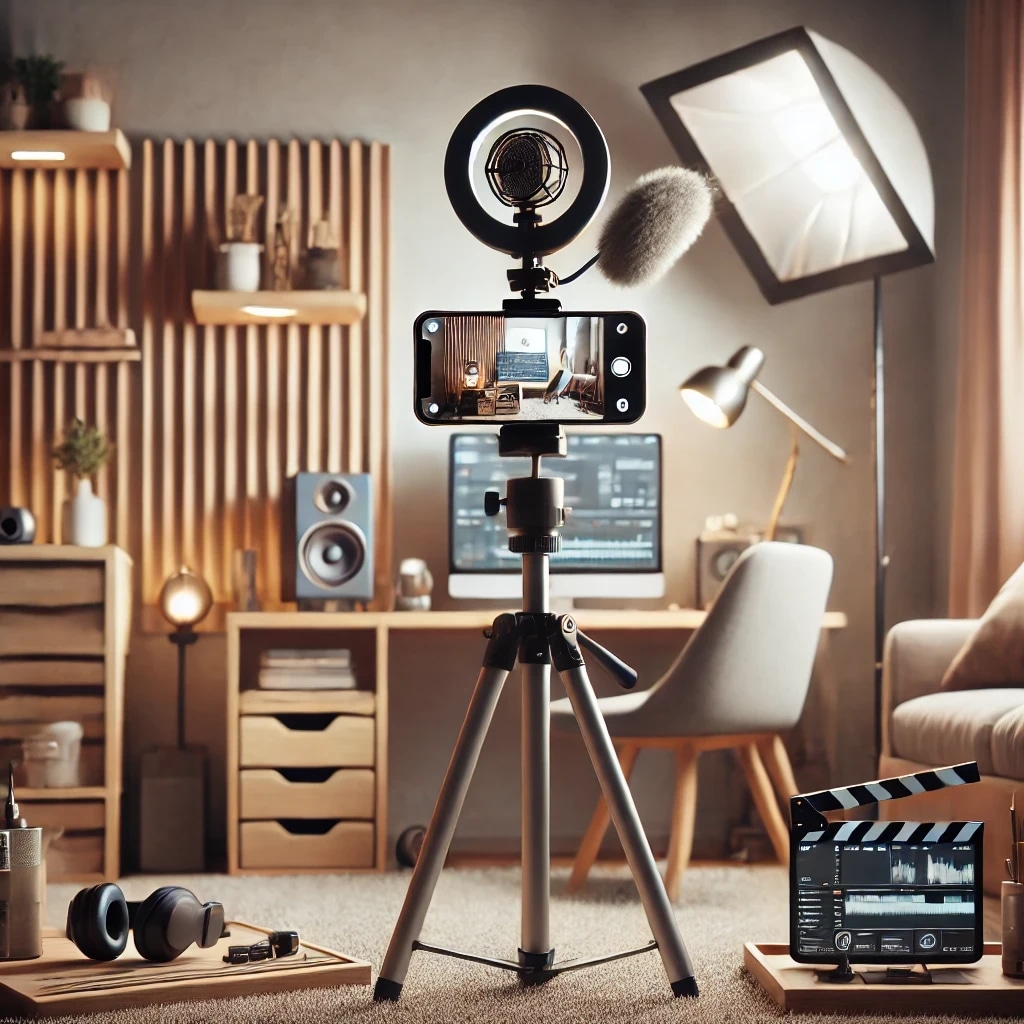 A home recording studio setup with a smartphone on a tripod, microphone, lighting, and editing equipment.