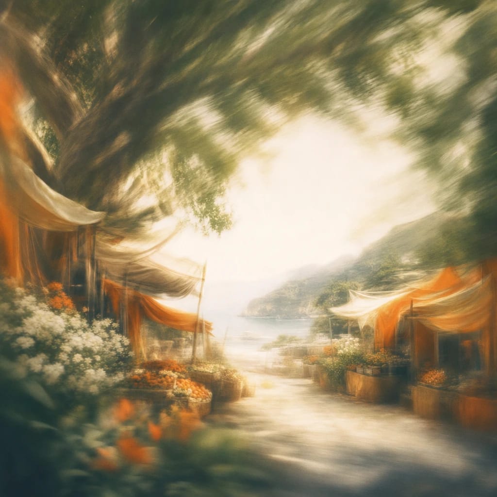 Stylized scene featuring sun-dappled market stalls draped with colorful fabrics beneath leafy fig trees, rendered in deep forest green, off-white, and warm orange