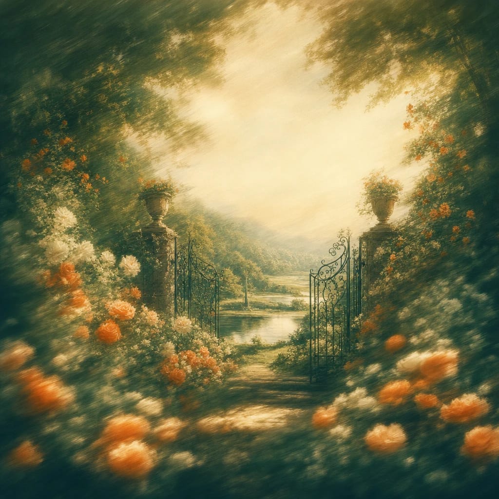 Stylized scene featuring a manicured garden with ornate wrought-iron gates and vibrant blooming roses under a sun-dappled canopy, rendered in deep forest green, off-white, and warm orange