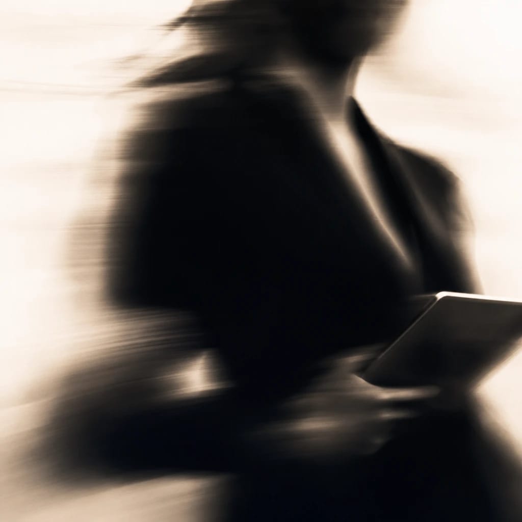 Stylized scene featuring confident businesswoman in sharp suit, holding tablet, rendered in blue, off-white