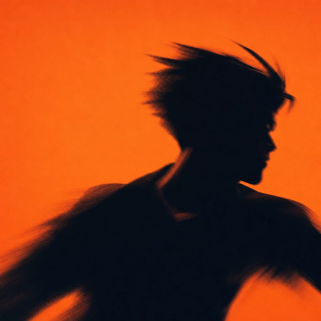 Stylized scene featuring stylized animated character with dynamic pose, rendered in #F76D3F