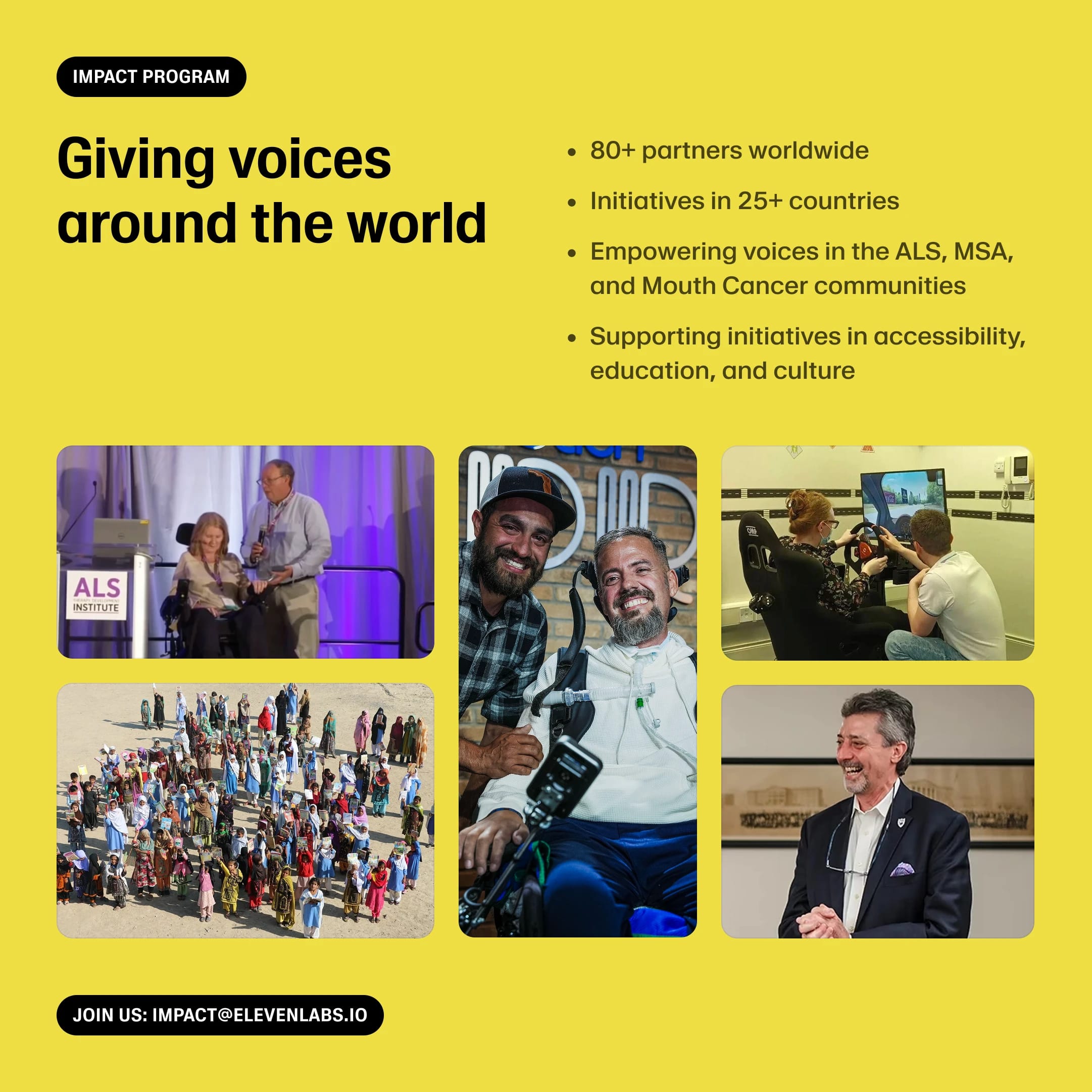 Alt text: Collage of images showing diverse people participating in advocacy, support, and community events related to giving voices around the world.