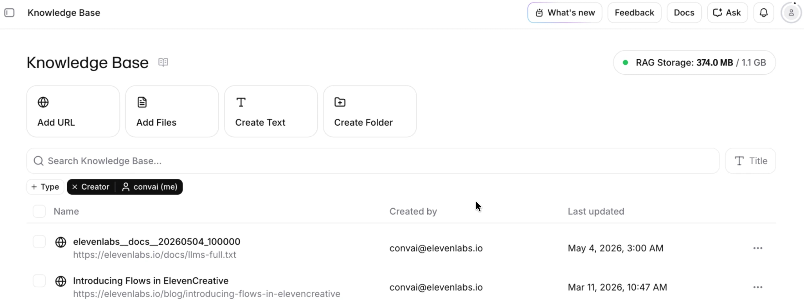 Knowledge Base interface showing files, storage, and add options