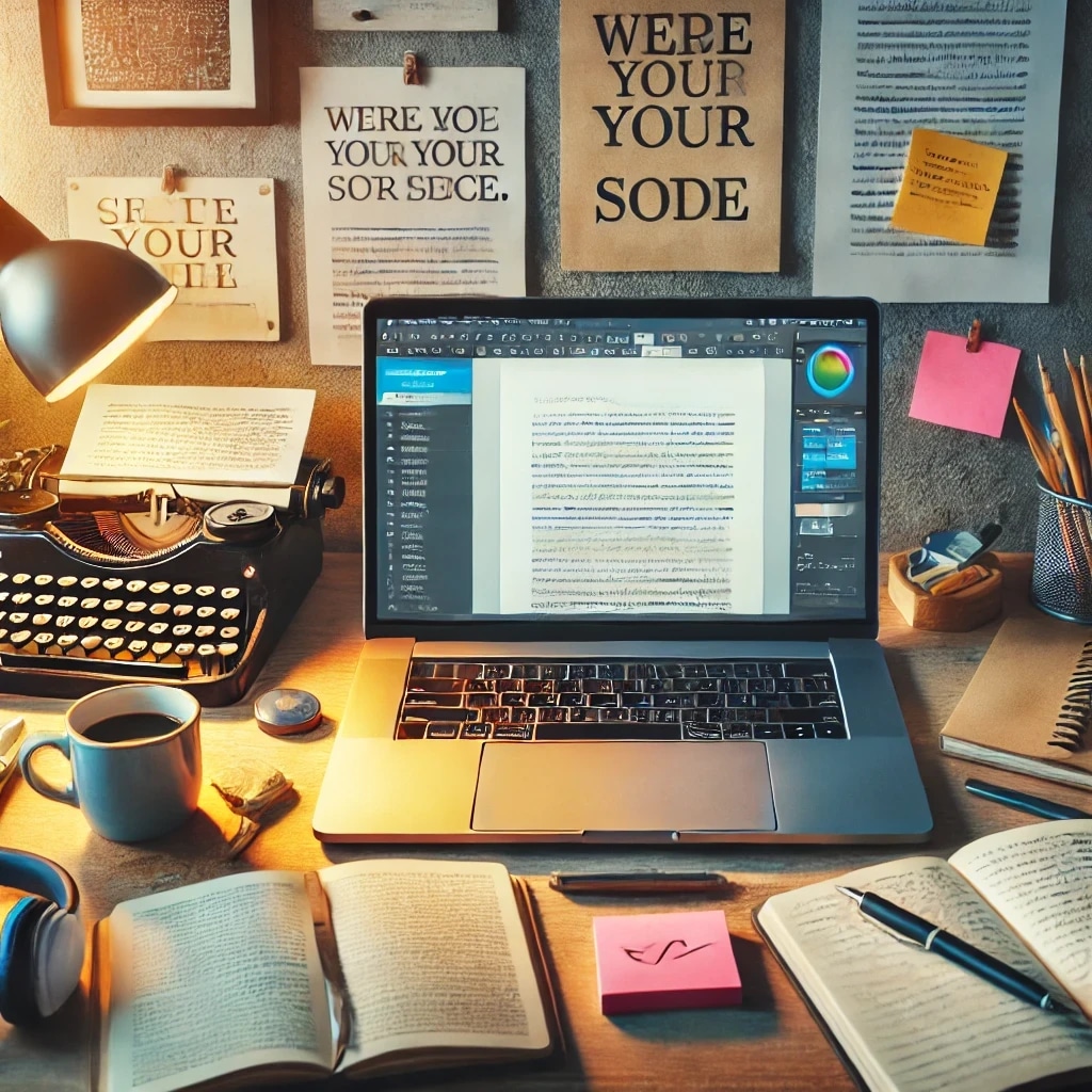 A cluttered workspace with a laptop, open books, a cup of coffee, a typewriter, headphones, sticky notes, and various papers on a desk and wall.