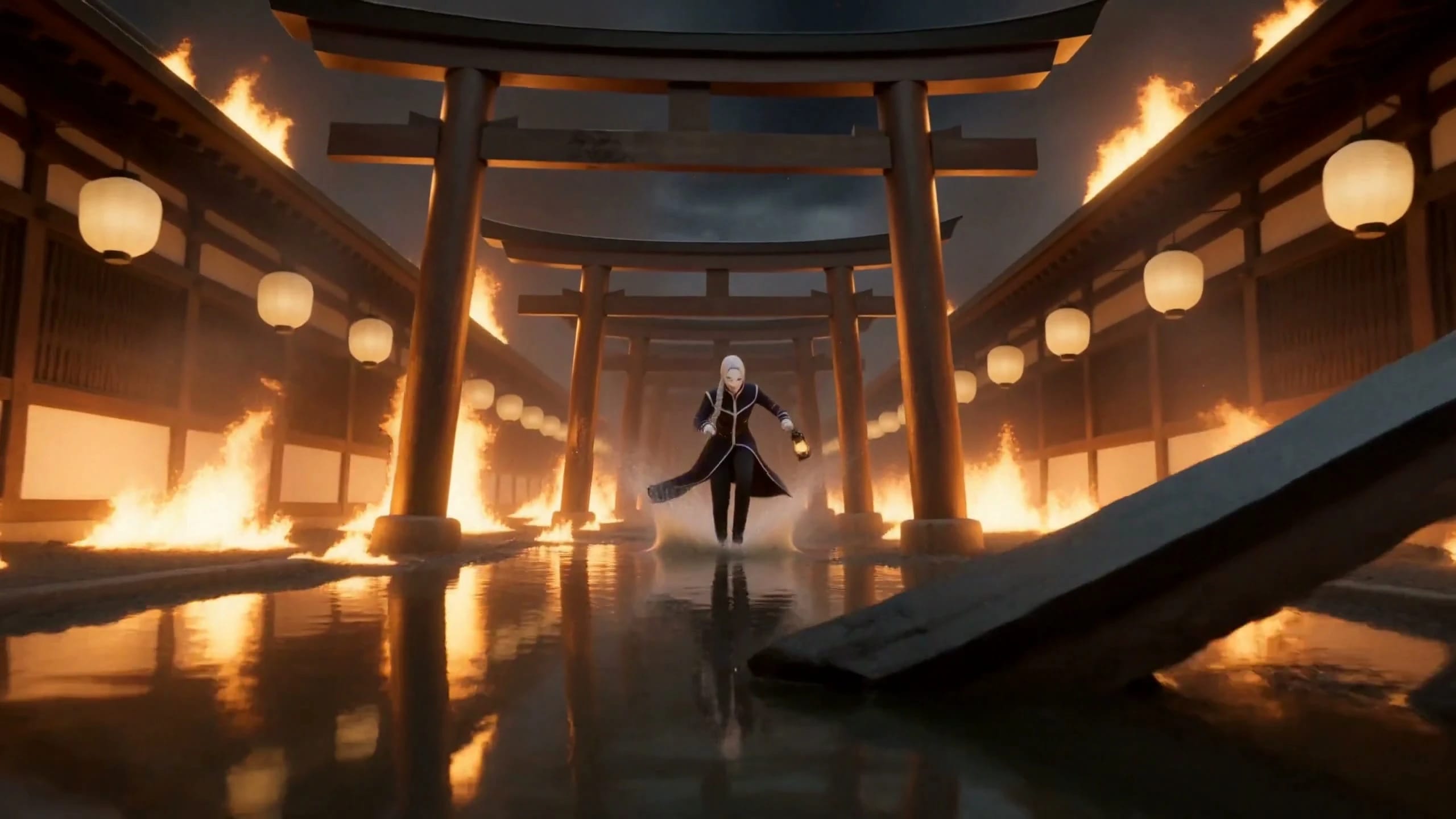 A masked shrine runner, white owl mask, silver braid, navy coat traced in gold kintsugi, lantern in hand. Burning paper talismans, then a sprint through flooded torii gates as the village burns. Night, firelight on water, cinematic anime, ink-wash title cards. SCROLL OF THE BURNING SHRINE.