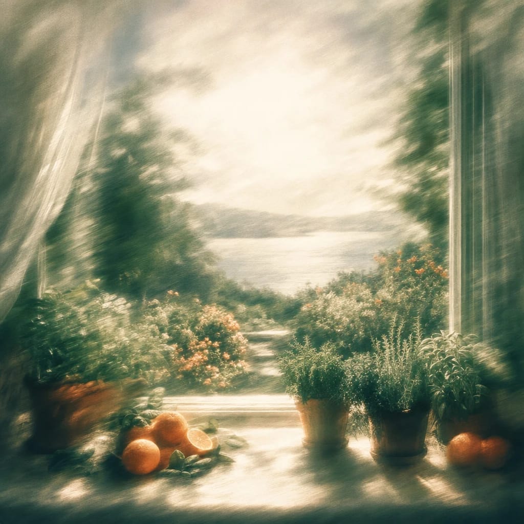 Stylized scene featuring a bright kitchen window filled with lush potted herbs and sunlit oranges on the sill, overlooking a leafy garden, rendered in deep forest green, off-white, and warm orange