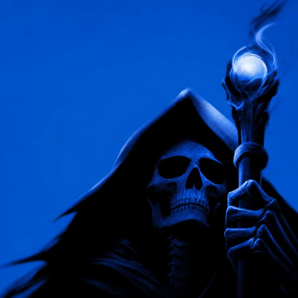 Stylized scene featuring skeletal sorcerer clutching a glowing staff, rendered in #004CB6